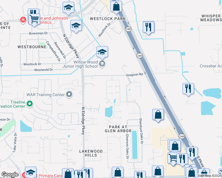 map of restaurants, bars, coffee shops, grocery stores, and more near 11707 Hillsgate Court in Tomball