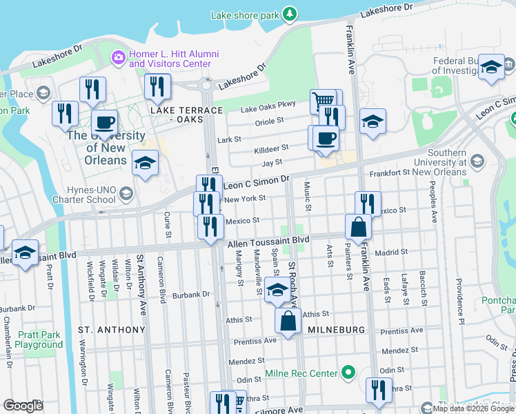 map of restaurants, bars, coffee shops, grocery stores, and more near 6327 Mandeville Street in New Orleans