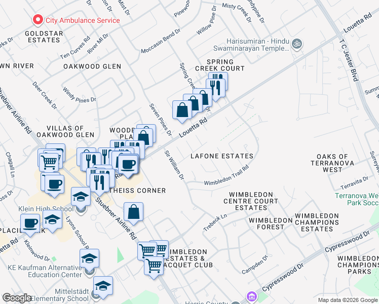 map of restaurants, bars, coffee shops, grocery stores, and more near 16703 Halkin Court in Spring