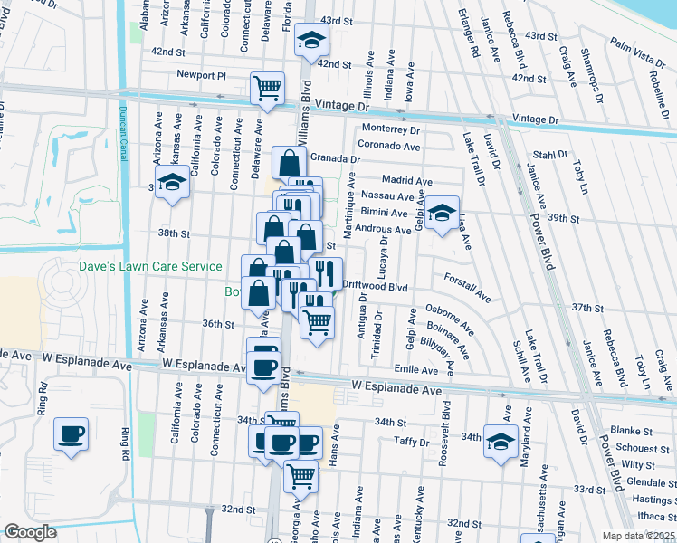 map of restaurants, bars, coffee shops, grocery stores, and more near 3717 Martinique Avenue in Kenner
