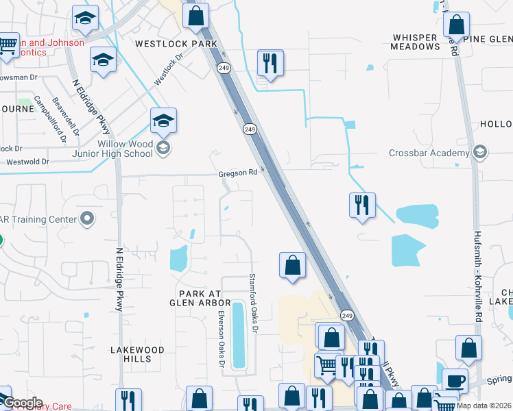 map of restaurants, bars, coffee shops, grocery stores, and more near 17902 Logans Pine Drive in Tomball