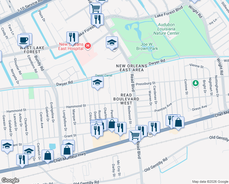 map of restaurants, bars, coffee shops, grocery stores, and more near 4858 Lurline Street in New Orleans