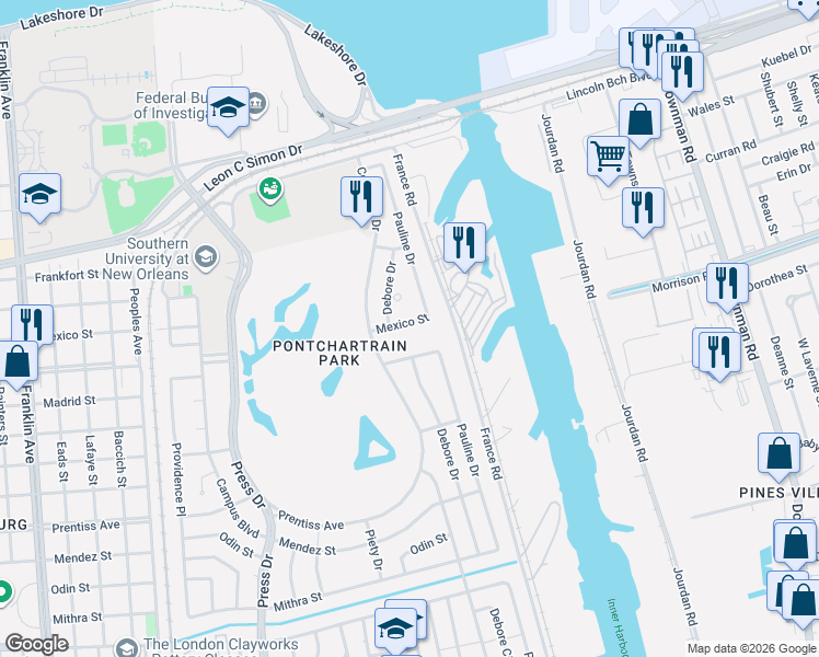 map of restaurants, bars, coffee shops, grocery stores, and more near 4930 Mexico Street in New Orleans