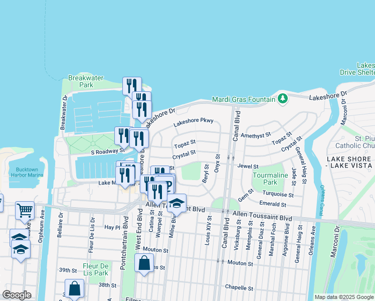 map of restaurants, bars, coffee shops, grocery stores, and more near 451 Crystal Street in New Orleans