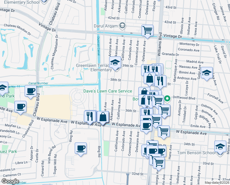 map of restaurants, bars, coffee shops, grocery stores, and more near 3702 Arkansas Avenue in Kenner