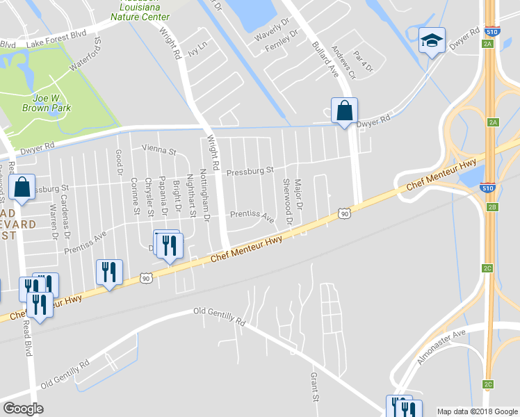 map of restaurants, bars, coffee shops, grocery stores, and more near 4700 Robin Hood Drive in New Orleans