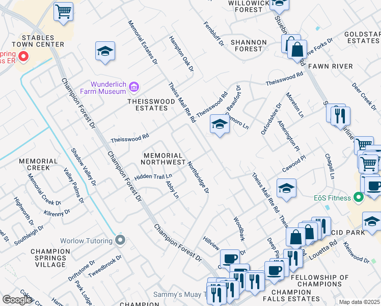 map of restaurants, bars, coffee shops, grocery stores, and more near 8011 Dutch Oak Circle in Spring