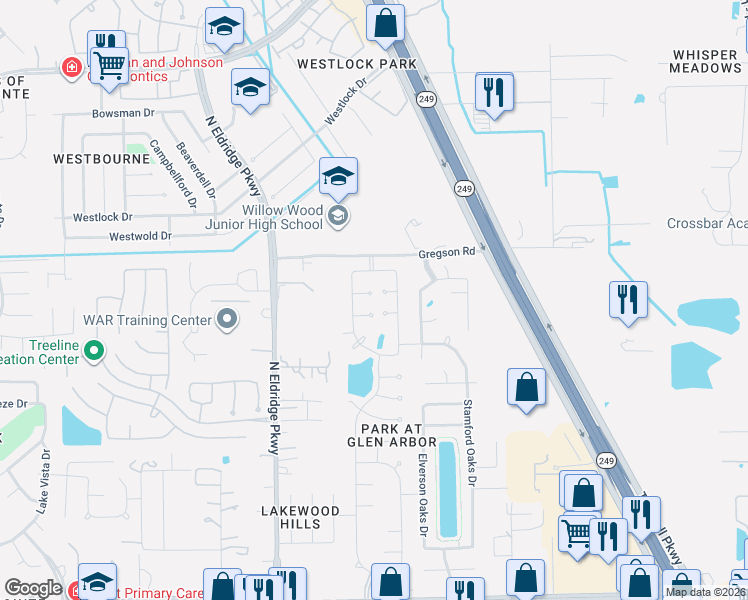 map of restaurants, bars, coffee shops, grocery stores, and more near 11707 Hillsgate Court in Tomball