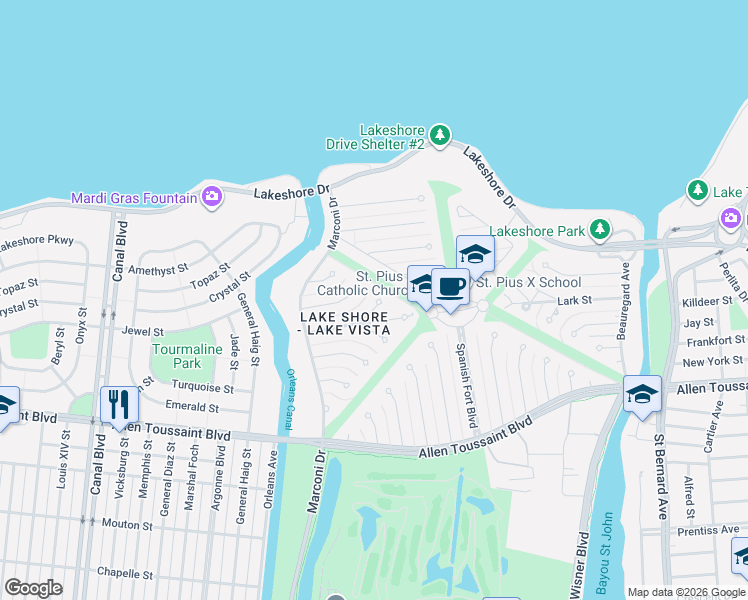 map of restaurants, bars, coffee shops, grocery stores, and more near 74 North Wren Street in New Orleans