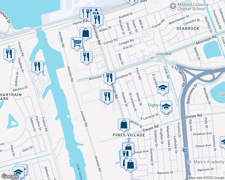 map of restaurants, bars, coffee shops, grocery stores, and more near 7118 Downman Road in New Orleans