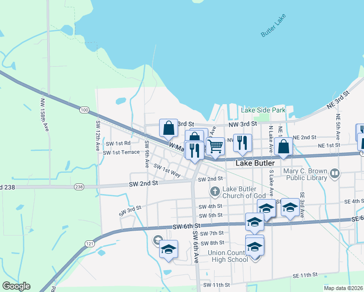 map of restaurants, bars, coffee shops, grocery stores, and more near 715 West Main Street in Lake Butler