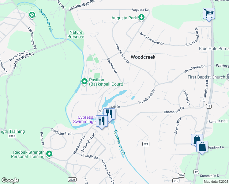 map of restaurants, bars, coffee shops, grocery stores, and more near 29 Cypress Point in Wimberley