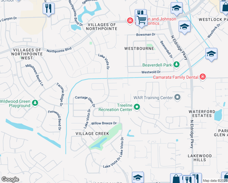 map of restaurants, bars, coffee shops, grocery stores, and more near 12619 Twin Flower Drive in Tomball