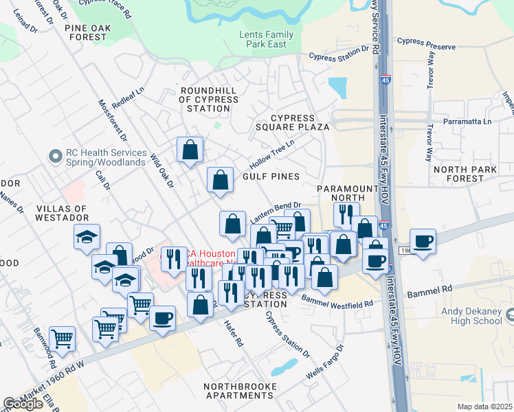 map of restaurants, bars, coffee shops, grocery stores, and more near 420 Lantern Bend Drive in Houston