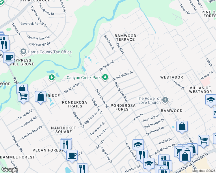 map of restaurants, bars, coffee shops, grocery stores, and more near 1619 Grand Valley Drive in Houston