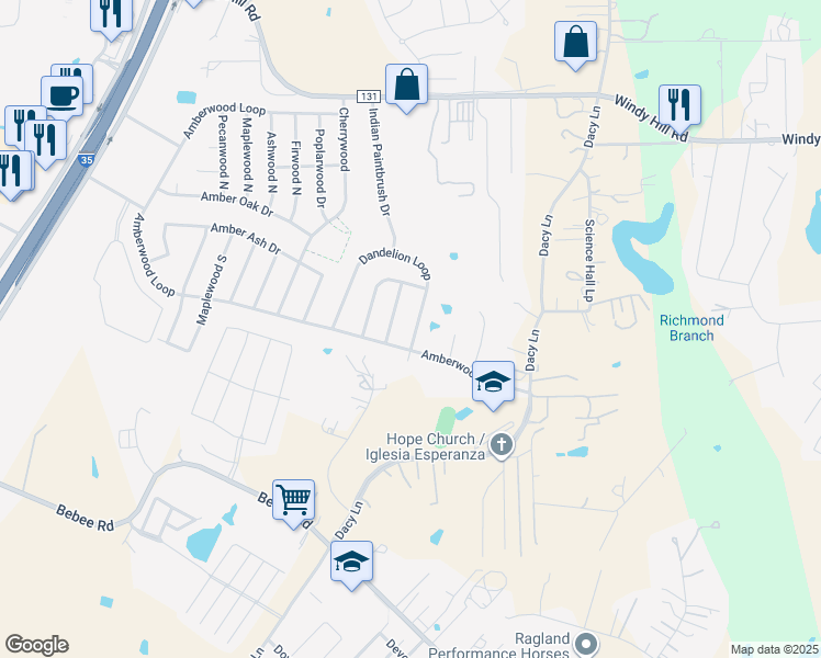 map of restaurants, bars, coffee shops, grocery stores, and more near 610 Dandelion Loop in Kyle