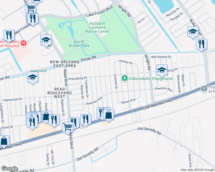 map of restaurants, bars, coffee shops, grocery stores, and more near 4749 Hauck Drive in New Orleans