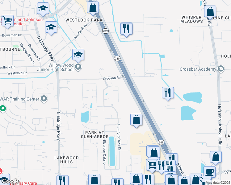 map of restaurants, bars, coffee shops, grocery stores, and more near 17902 Logans Pine Drive in Tomball