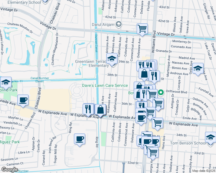 map of restaurants, bars, coffee shops, grocery stores, and more near 3702 Arkansas Avenue in Kenner