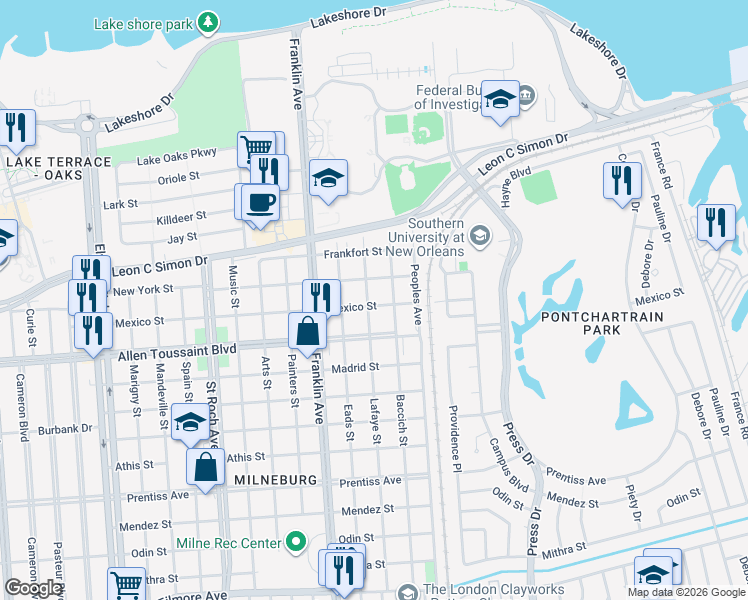 map of restaurants, bars, coffee shops, grocery stores, and more near 2707 Mexico Street in New Orleans