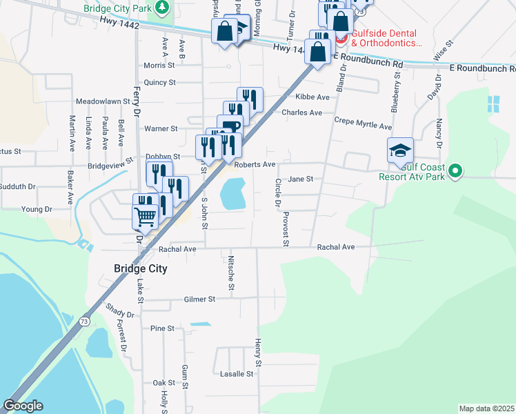 map of restaurants, bars, coffee shops, grocery stores, and more near 1024 Kelsey Ln in Bridge City