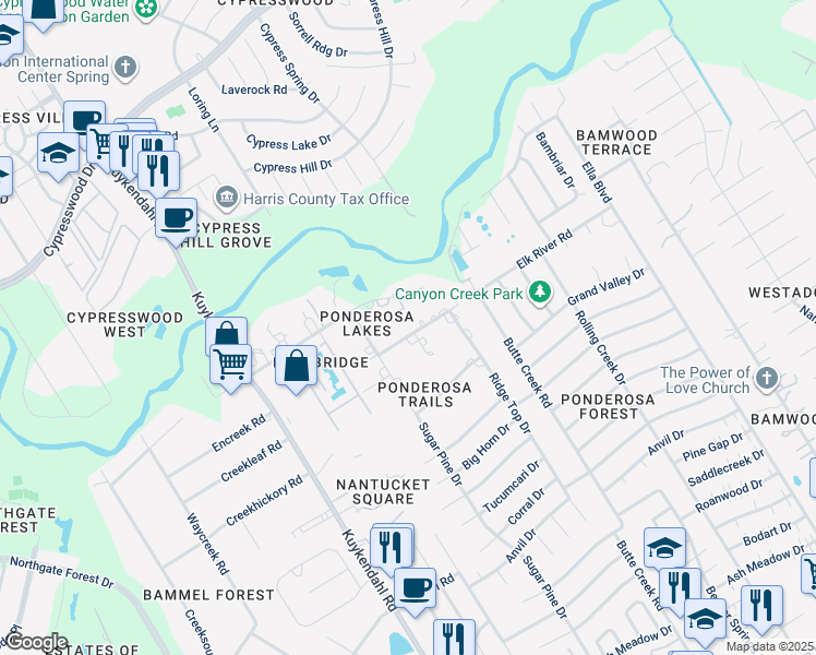 map of restaurants, bars, coffee shops, grocery stores, and more near 1818 Elk River Road in Houston