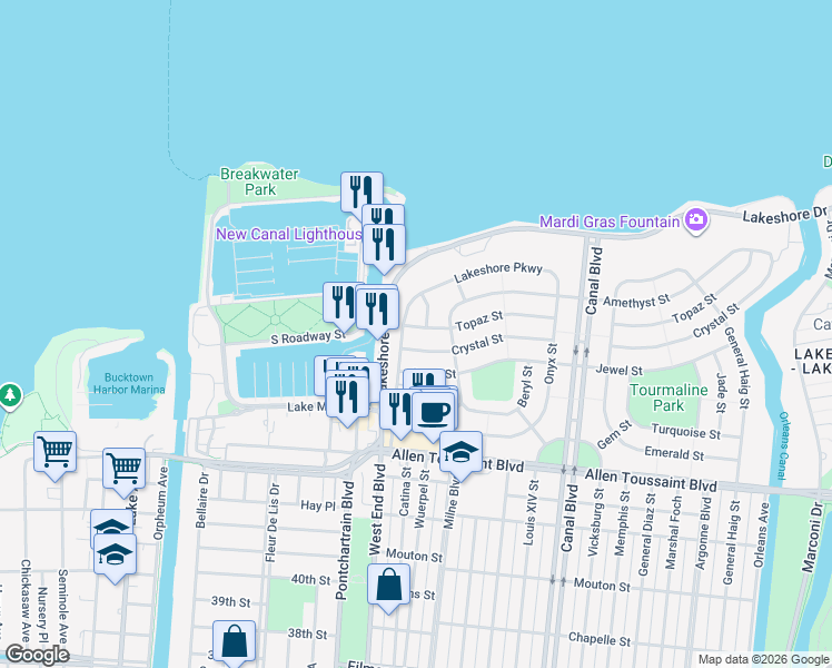 map of restaurants, bars, coffee shops, grocery stores, and more near 7515 West End Boulevard in New Orleans