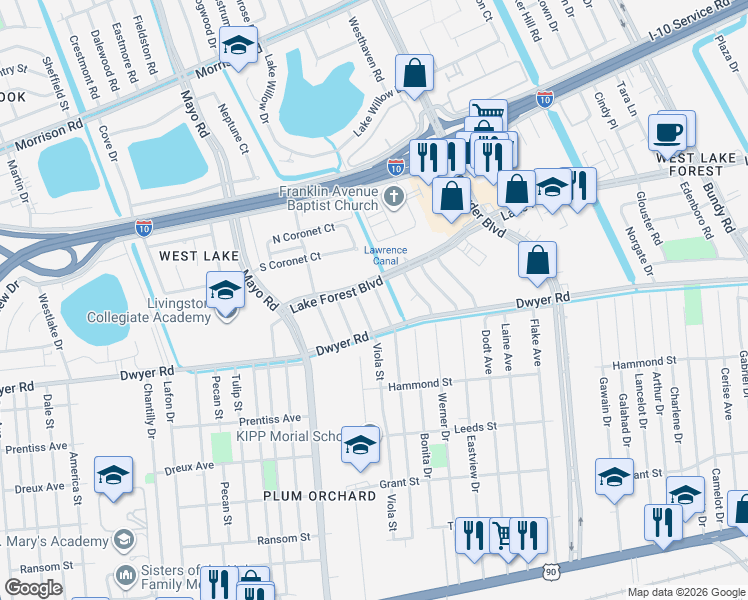 map of restaurants, bars, coffee shops, grocery stores, and more near 5611 Samovar Drive in New Orleans