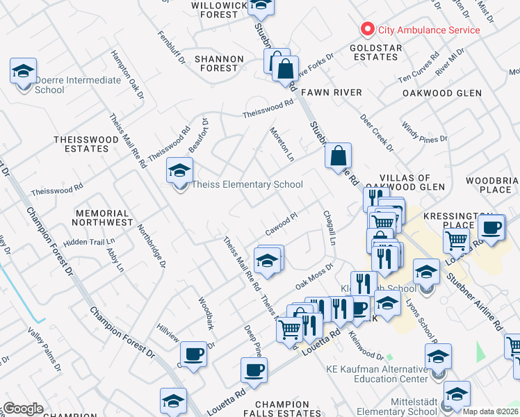 map of restaurants, bars, coffee shops, grocery stores, and more near 7807 Wilton Park Drive in Spring
