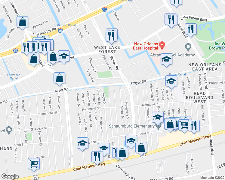 map of restaurants, bars, coffee shops, grocery stores, and more near 4894 Cerise Avenue in New Orleans