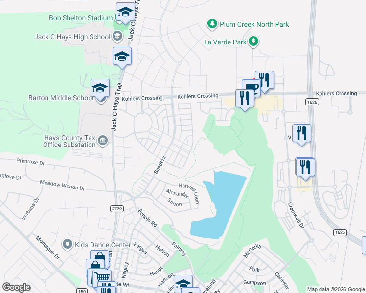 map of restaurants, bars, coffee shops, grocery stores, and more near 216 Greene in Kyle