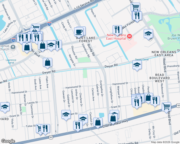 map of restaurants, bars, coffee shops, grocery stores, and more near 4894 Cerise Avenue in New Orleans