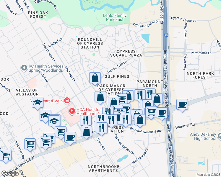 map of restaurants, bars, coffee shops, grocery stores, and more near 420 Lantern Bend Drive in Houston