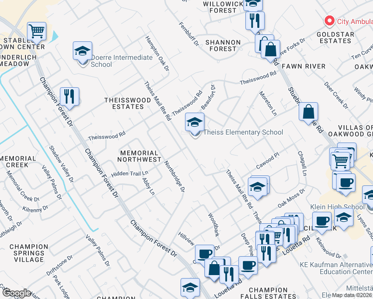 map of restaurants, bars, coffee shops, grocery stores, and more near 17518 Hidden Forest Drive in Spring
