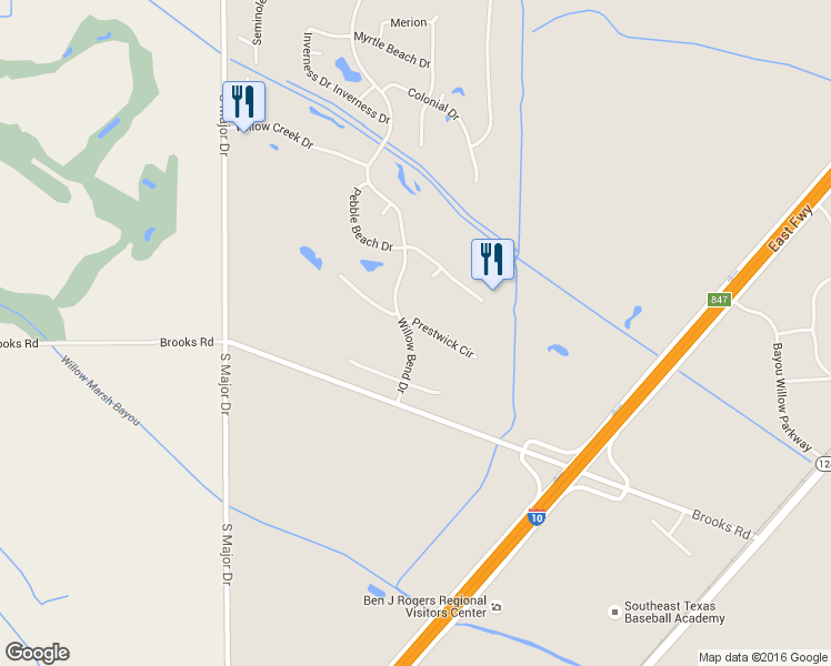 map of restaurants, bars, coffee shops, grocery stores, and more near 7485 Prestwick Circle in Beaumont