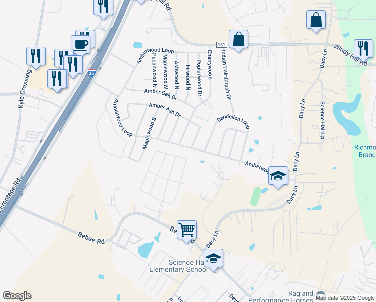 map of restaurants, bars, coffee shops, grocery stores, and more near 1377 Amberwood Loop in Kyle