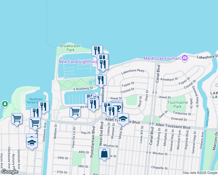map of restaurants, bars, coffee shops, grocery stores, and more near 7515 West End Boulevard in New Orleans