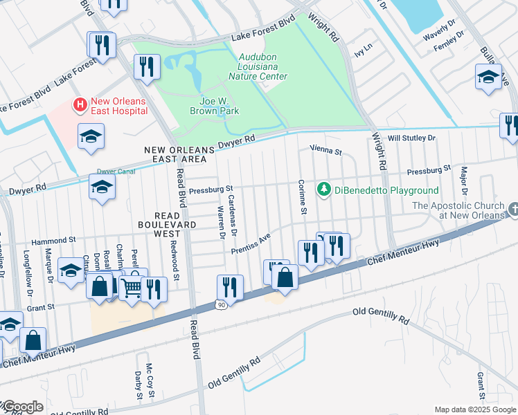 map of restaurants, bars, coffee shops, grocery stores, and more near 4835 Coronado Drive in New Orleans