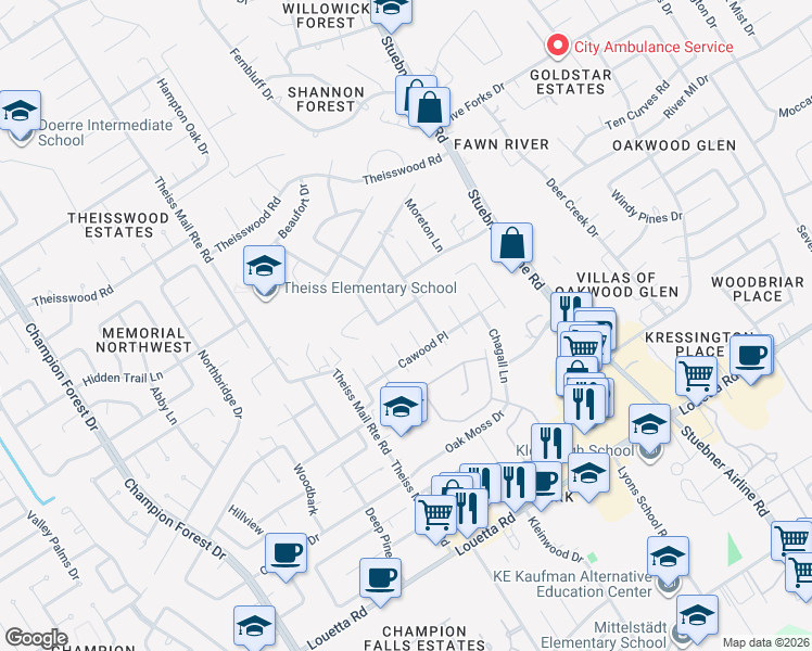 map of restaurants, bars, coffee shops, grocery stores, and more near 7807 Wilton Park Drive in Spring