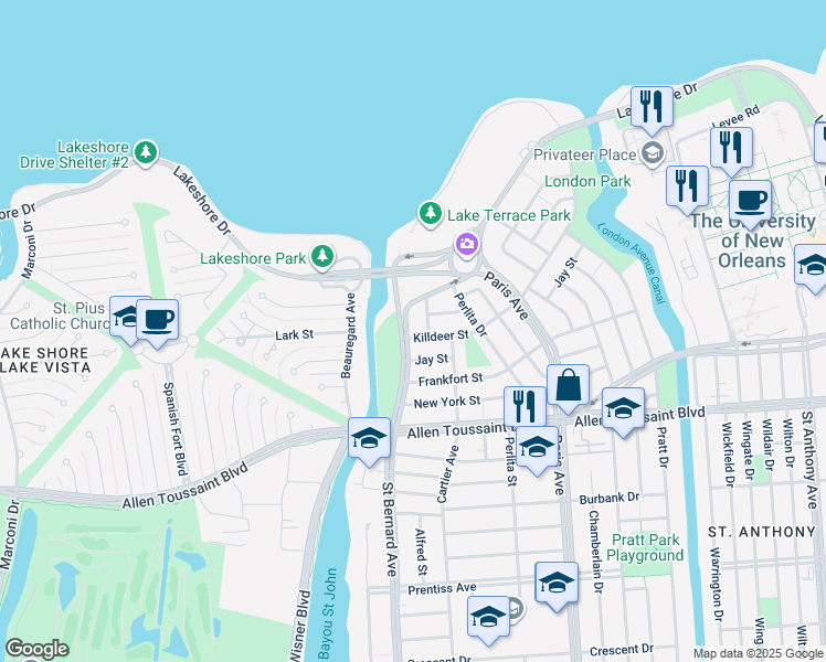 map of restaurants, bars, coffee shops, grocery stores, and more near 6401 Saint Bernard Avenue in New Orleans