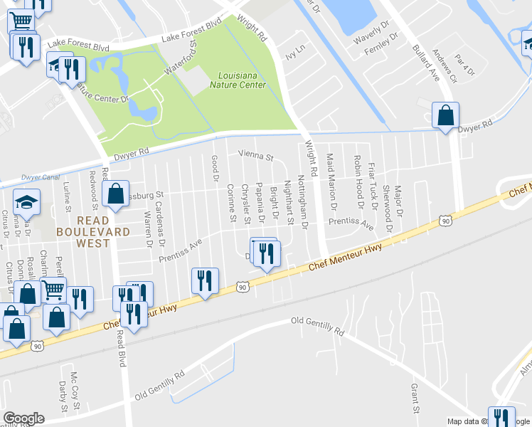 map of restaurants, bars, coffee shops, grocery stores, and more near 4729 Papania Drive in New Orleans