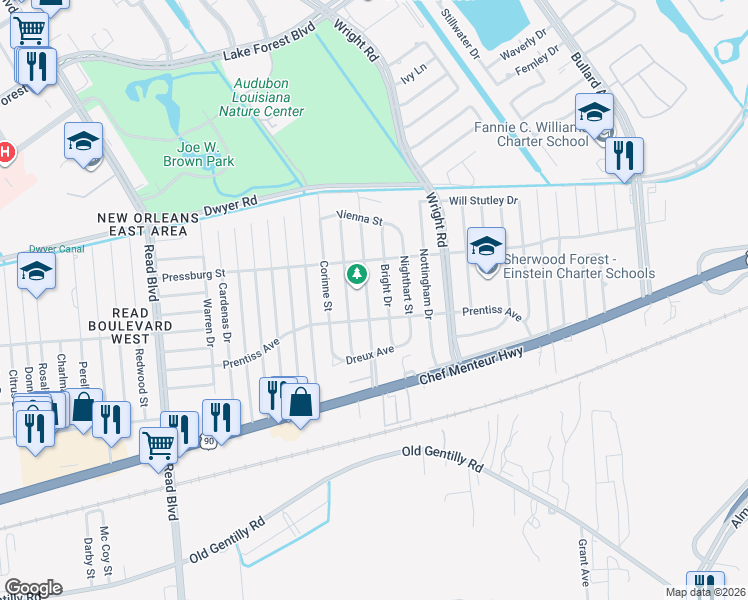 map of restaurants, bars, coffee shops, grocery stores, and more near 4729 Papania Drive in New Orleans