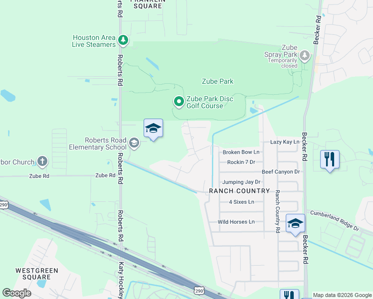 map of restaurants, bars, coffee shops, grocery stores, and more near 17517 Hickory Ranch Road in Hockley