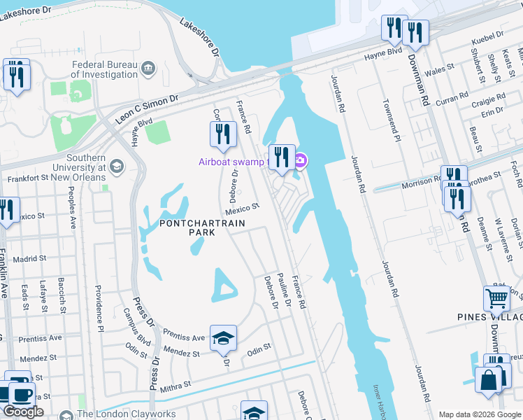 map of restaurants, bars, coffee shops, grocery stores, and more near 5056 Mexico Street in New Orleans