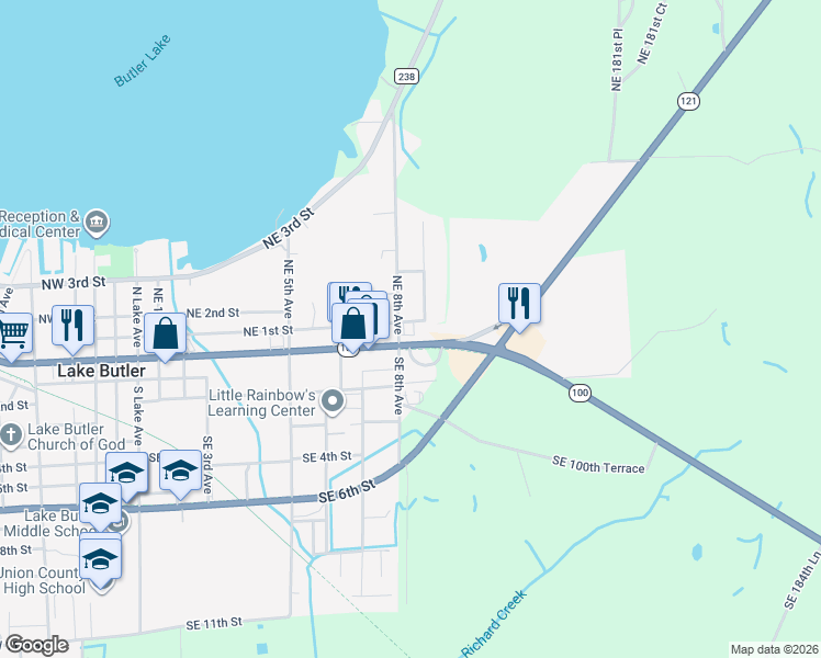map of restaurants, bars, coffee shops, grocery stores, and more near 817 East Main Street in Lake Butler