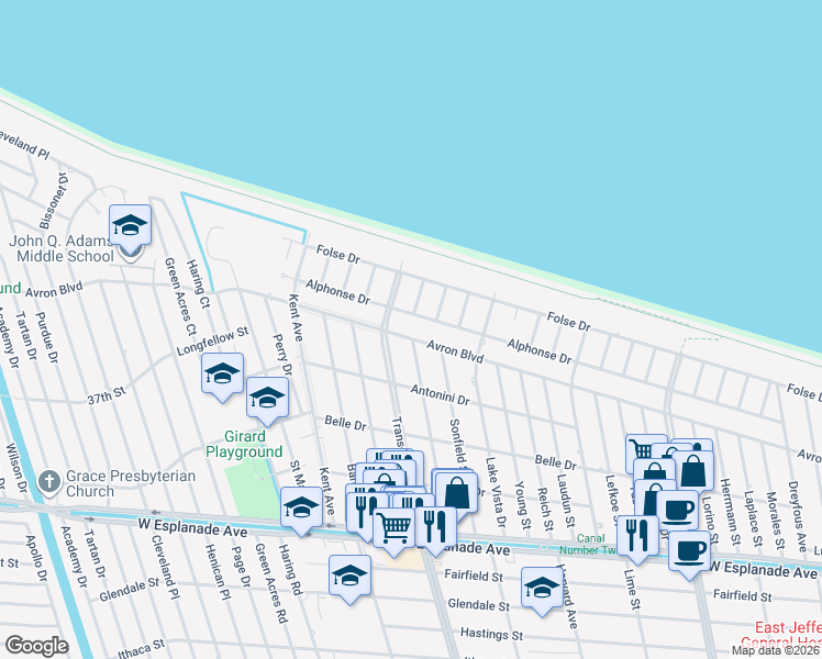 map of restaurants, bars, coffee shops, grocery stores, and more near 4961 Avron Boulevard in Metairie
