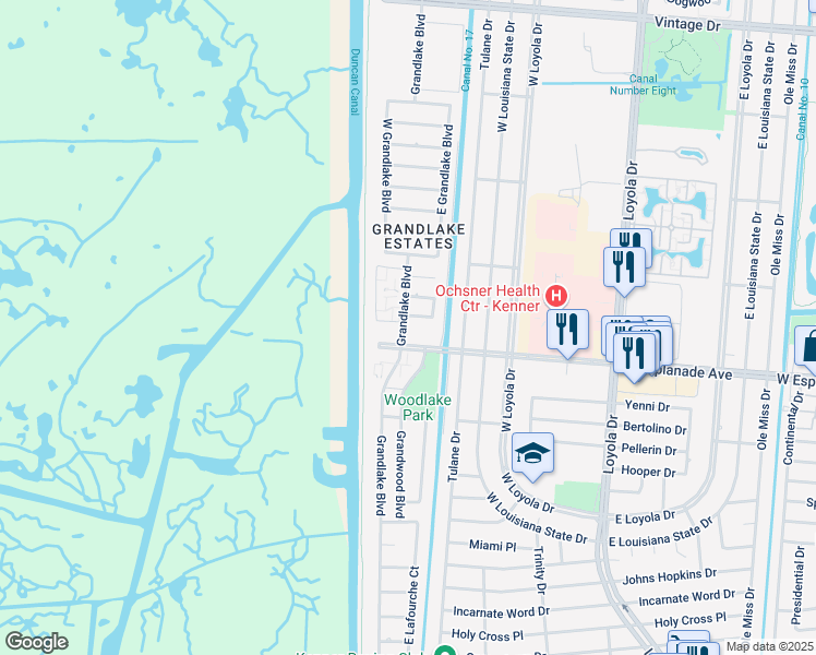 map of restaurants, bars, coffee shops, grocery stores, and more near 3521 West Grandlake Boulevard in Kenner