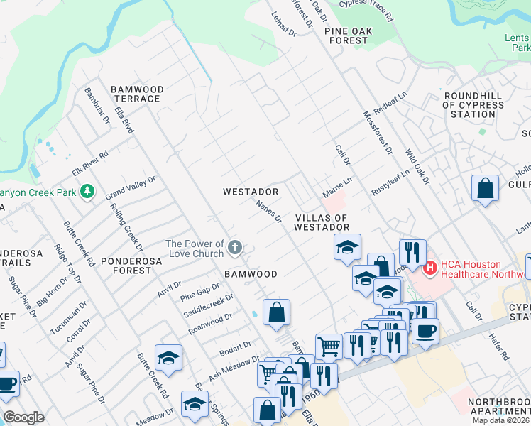 map of restaurants, bars, coffee shops, grocery stores, and more near 1103 Loire Lane in Houston