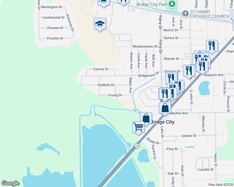 map of restaurants, bars, coffee shops, grocery stores, and more near 260 Thurman Avenue in Bridge City