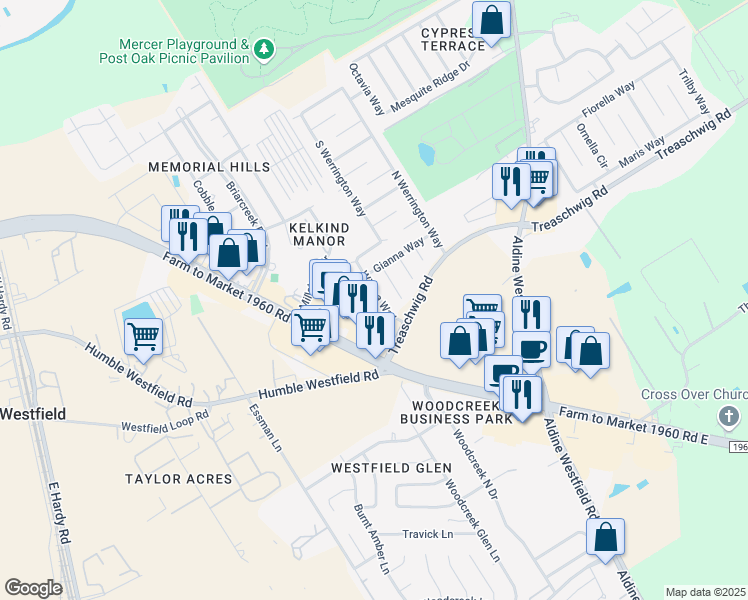 map of restaurants, bars, coffee shops, grocery stores, and more near 21435 Wilona Way in Houston